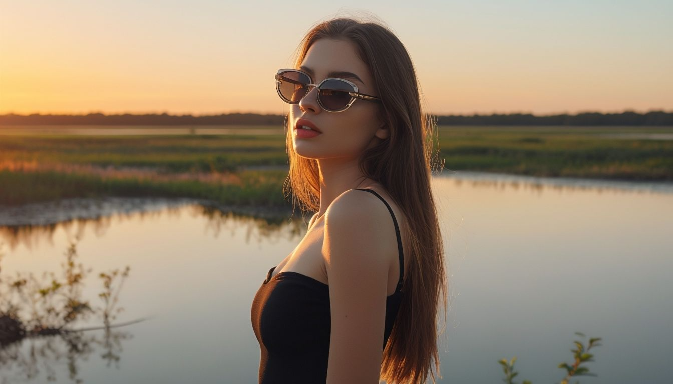 Young Woman with Sunglasses by Sunset Water Body